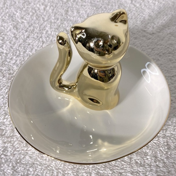 Ceramic Gold Tone Cat Ring Holder Dish - Picture 7 of 9